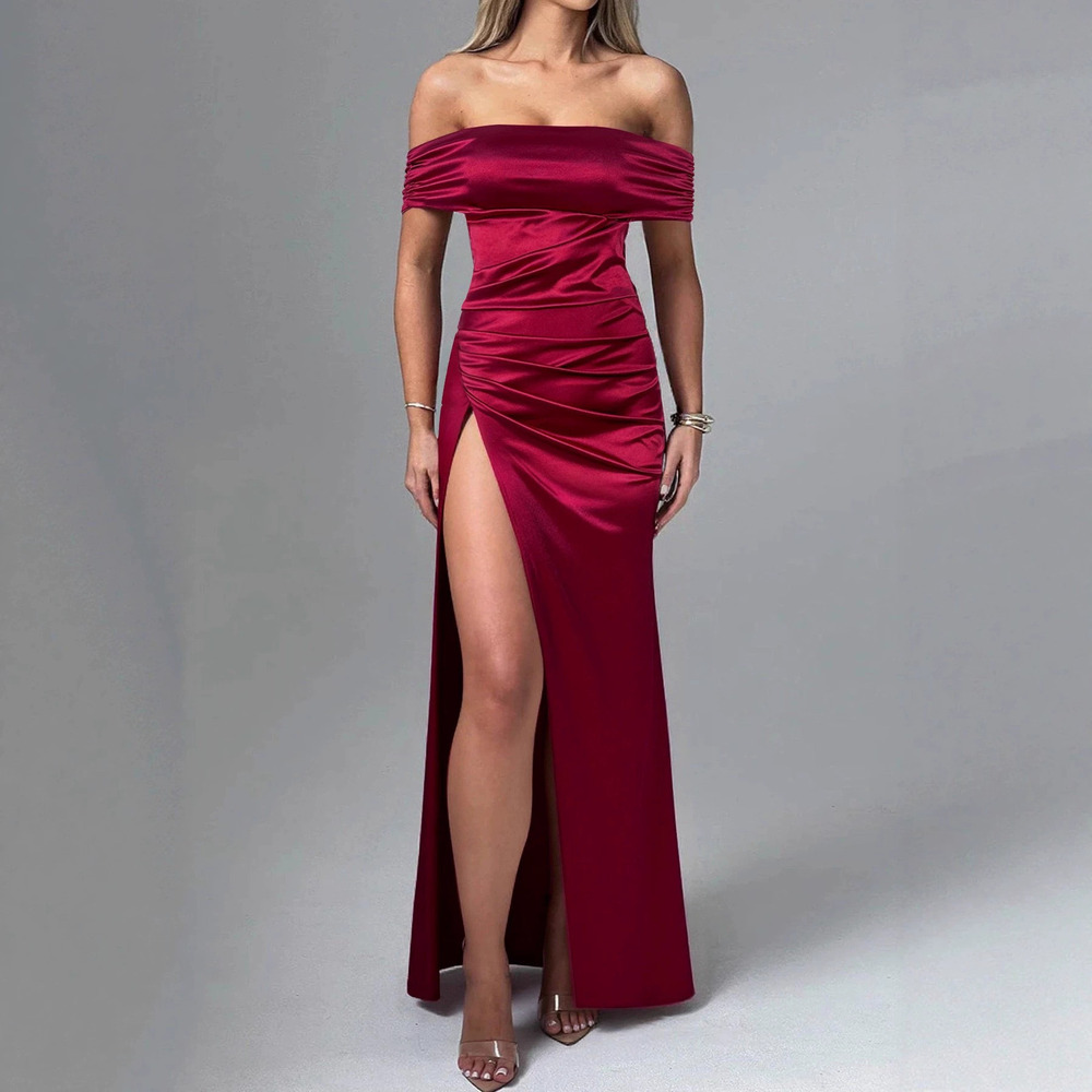 Zara High Slit Off Shoulder Pleated Gown